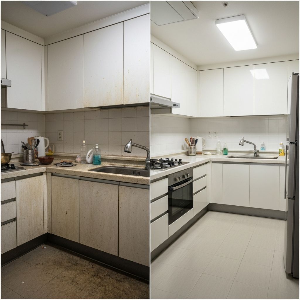 청소 전후 비교 사진: 왼쪽은 청소 전 더러운 주방, 오른쪽은 청소 후 깨끗한 주방